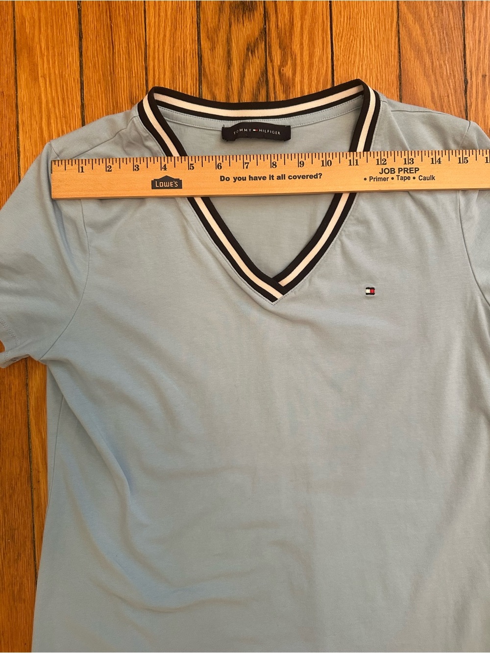 Tommy Hilfiger Blue V Neck T Shirt Striped Trim Preppy Logo Cotton Tee 1124 - Picture 6 of 7